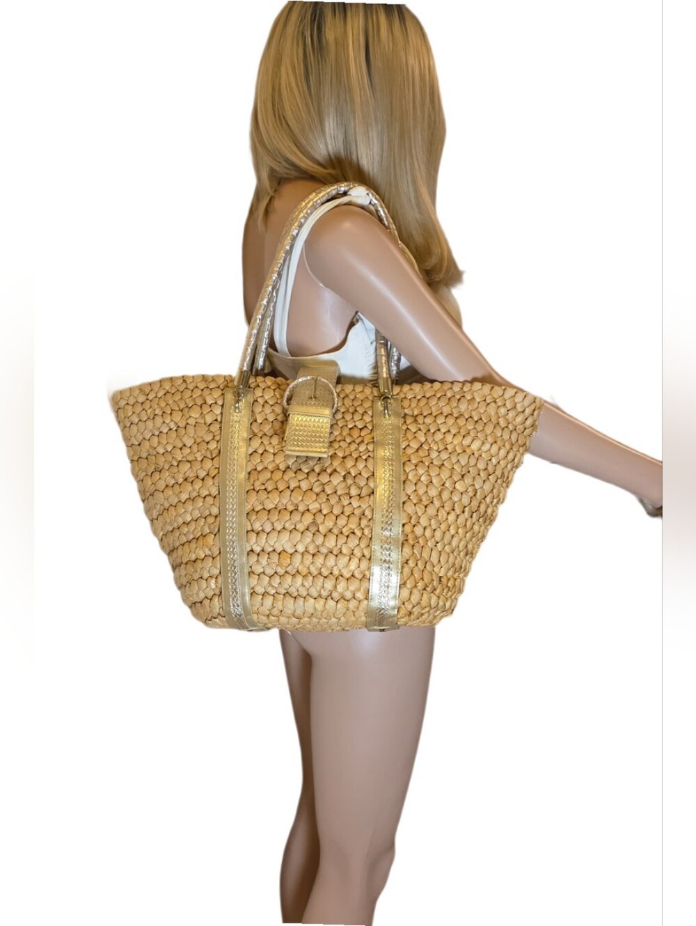 Y2K Straw Woven Vegan Leather Corn Husk Tote Bag Gold Buckle Beach Boho - Picture 2 of 15